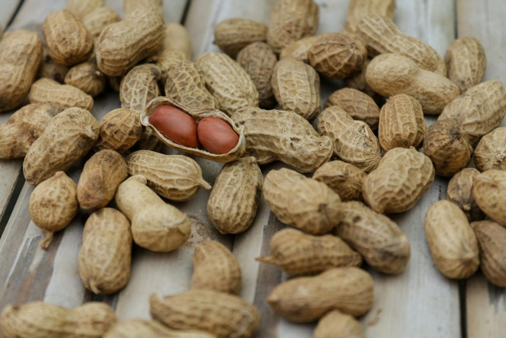 Peanut allergies A detailed close-up of peanuts in their shells scattered on a wooden surface.