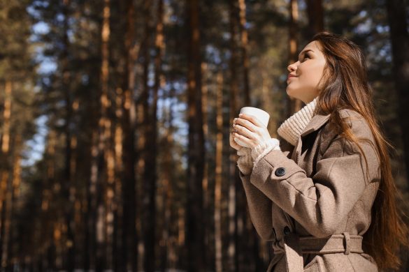 PCOS and coffee woman, beauty, nature, fashion, portrait, drink, outdoors, beverage, coat, coffee, female, forest, girl